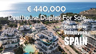 Penthouse duplex from developer on the sea front for sale in Villajoyosa Spain Playa de Torres [upl. by Kalil50]