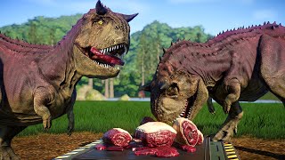 2 Disney Carnotaurus amp 2 TRex Dinosaurs Fighting  Jurassic World Evolution Mods 4K 60FPS [upl. by Guise]