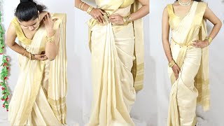 New Kerala kasavu cotton saree draping  Plain kasavu cotton saree draping to traditional look sari [upl. by Ybeloc]