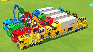 TRANSPORTING EXCAVATOR BOX TRUCK BULLDOZER POLICE CARS TO GARAGE WITH MAN TRUCK  FS22 [upl. by Harret]