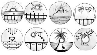 Easy 8 Circle Scenery Drawing Ideas  Pencil Drawing  Circle Drawing Scenery  Nature Landscape [upl. by Wilmette]