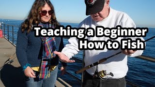 Teaching a Beginner How to Fish  Pier Fishing in California [upl. by Volney]