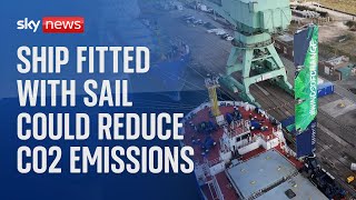 Commercial ship with a fitted sail is trialled in the UK to reduce carbon emissions [upl. by Yemar419]