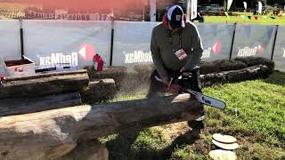 Running the Redmax G9000 chainsaw GIEExpo 2018 [upl. by Prebo]