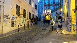 Lisbons Ascensor da Glória funicular railway at night HD [upl. by Volney457]