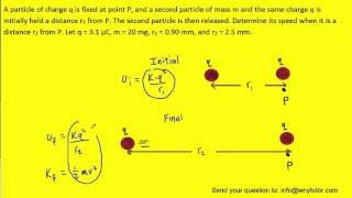 A particle of charge q is fixed at point P and a second particle of mass m and the same charge q is [upl. by Nalhsa]