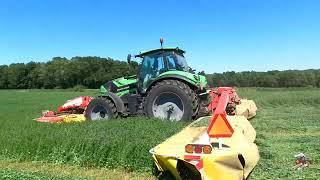 Deutz Fahr 215 TTV Tractor running Pottinger Triple Mowers in Indiana [upl. by Nairehs]