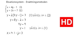 Ekvationssystem  Ersättningsmetoden Åk 9 HD [upl. by Mandy]