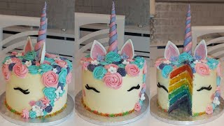 اسهل طريقة لتزيين اليونيكورن كيك🦄How to make amp decorate a Unicorn cake\Rainbow cake [upl. by Asiuqram]