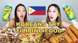 KOREAN SISTERS TRY FILIPINO FOOD FOR THE FIRST TIME 😱🇵🇭  SISIG PANCIT BIHON ADOBO LUMPIA [upl. by Annmarie]