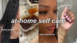 AT HOME SELF MAINTENANCE ROUTINE  diy boho box braids sugar wax gel manicure lashes amp more [upl. by Yartnoed]