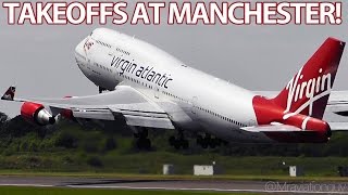 ROTATE Very Close  Loud Takeoffs  Big Jets A380 A340 747 777 MD83  Manchester Airport with ATC [upl. by Seitz699]