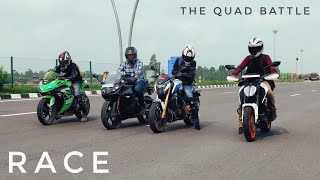 Duke 390 VS Ninja 300 VS Apache RR310 VS Dominar 400  LONG RACE  Biggest Battle [upl. by Anyehs]