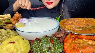 ASMR EATING PANTA BHATPAKHALA BHATAALOO BARTASHAKBAINGAN FRYBIG FISH CURRYCHINGRI CURRYPAPAD [upl. by Matthaeus216]