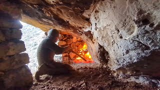 Making a STONE SHELTER With Fire a FIREPLACE Inside  Bushcraft Survival Camping Outdoor Cooking [upl. by Melessa]