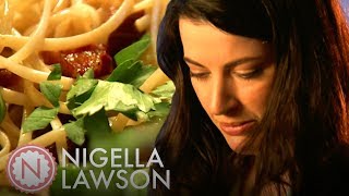 Nigella Lawsons Linguine with Garlic Oil and Pancetta  Nigella Bites [upl. by Addiel742]