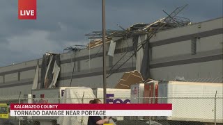 IT SMELLS LIKE WOOD  Live from Kalamazoo FedEx facility damaged after multiple tornadoes in area [upl. by Ayram]