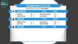 ACT Premier Cricket  Mens 1st Grade  Round 2  Queanbeyan v Eastlake  Day 2 [upl. by Rabassa597]