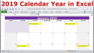 2019 Calendar Year in Excel 2019 Monthly Calendars Year 2019 Calendar with Holidays 2019 Planners [upl. by Aiker]