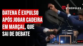 Datena é expulso após jogar cadeira em Marçal que sai de debate [upl. by Yelrihs]