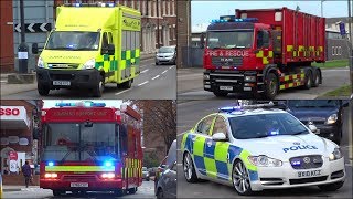 Specialist Fire Trucks Police Cars and Ambulance vehicles responding with siren and lights [upl. by Norton]