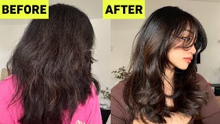 How To Style Curtain Bangs and Tame Frizzy Hair Like HAIR STYLISTS [upl. by Nonnaihr]