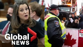 Trucker protests Freeland faces divided Parliament after Trudeau invokes Emergencies Act  FULL [upl. by Hamaso]