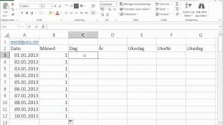 Excel på norsk Serier Dato Maned Dag Ar Ukedag Ukenr Navn pa ukedag [upl. by Ahsrat]