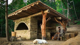 Bushcraft stone House in the forest Alone construction [upl. by Ahsaercal]