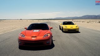 Showdown  2013 Chevrolet Corvette ZR1 vs 2013 Chevrolet Corvette Z06  CAR and DRIVER [upl. by Nogam]