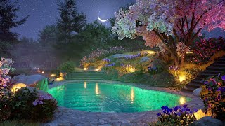 Enchanted pool in the spring forest at night  Crickets Gentle Water Light Wind Sounds for Relax [upl. by Attah]