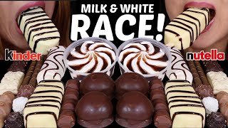 ASMR MILK amp WHITE CHOCOLATE RACE GIANT CHOCOLATE ICE CREAM BAR ZEBRA CAKE KINDER NUTELLA 먹방 [upl. by Nwonknu]