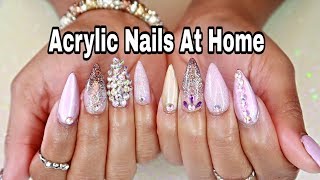 Watch Me Do My Own Valentines Day Nails  STILETTO NAILS W BLING [upl. by Zach]