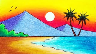 How to Draw Beautiful Sunset in the Beach  Easy Sunset Scenery Drawing [upl. by Julie]