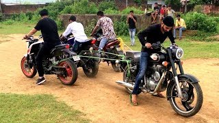 BULLET 500 VS PULSAR 220DUKE amp R15 V3 TOCHAN 575CC VS 500 CC   TUG OF WARS [upl. by Llekim]