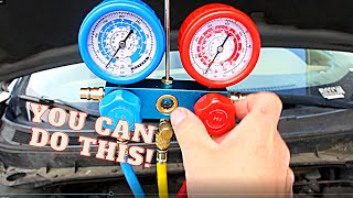 How to Recharge a Cars AC System Using a Manifold Gauge Set amp Vacuum Pump  Air Conditioning [upl. by Ellyn79]