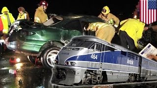 Amtrak train hits car stuck on tracks in Camarillo California near Oxnard station [upl. by Bassett]