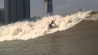 Surfing the Silver Dragon Tidal Bore Qiatang River China 2011 [upl. by Ibbob]