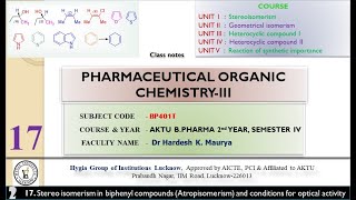 Lecture 17 Stereoisomerism in biphenyl compounds Atropisomerism  Pharma Org Chem iii BP40T [upl. by Haughay]