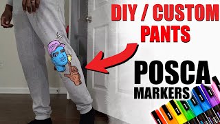 How To Custom Paint On Fabric Pants Using Posca Marker  DIY [upl. by Epilihp912]