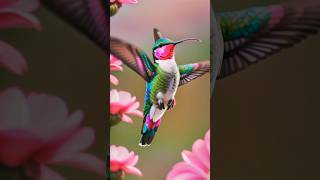 a colorful hummingbird flying in the air on a pink flower birds birdsounds nature beautifulbird [upl. by Enihpets]