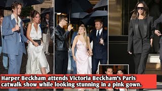 Harper Beckham attends Victoria Beckhams Paris catwalk show while looking stunning in a pink gown [upl. by Lorre]