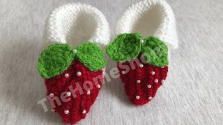 how to knit baby booties for beginners step by step baby booties  strawberry booties  TheHomeShom [upl. by Marie-Ann386]