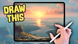 PROCREATE Landscape DRAWING Tutorial in Easy STEPS  Sunset River [upl. by Daloris]