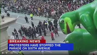 ProPalestinian protesters appear to glue hands to street during NYC Macys Thanksgiving Day Parade [upl. by Idnak629]