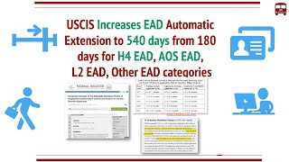 EAD Automatic Extension increased to 540 Days by USCIS for H4 EAD AOS EAD Others [upl. by Fernandez]