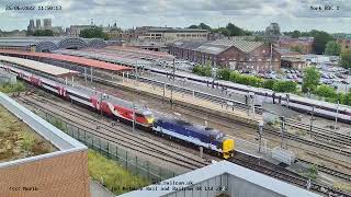 DRS 37425 dragging LNER Mk4 sets away from York to Leeds 250622  Railcam LIVE [upl. by Esmaria]