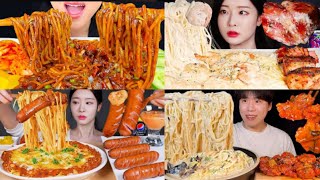 ALFREDO vs SPAGHETTI 🍝  Creamy amp spicy noodles  Mukbang Compilation 🧀🍜🔥 [upl. by Ramalahs]