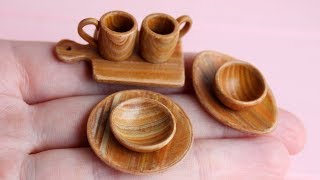 Miniature dishes with imitation wood Polymer clay Tutorial DIY Миниатюрная посуда под дерево [upl. by Avictor]