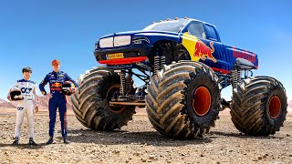 F1 Drivers Race HUGE Mega Trucks Max Verstappen vs Yuki Tsunoda [upl. by Okeim]